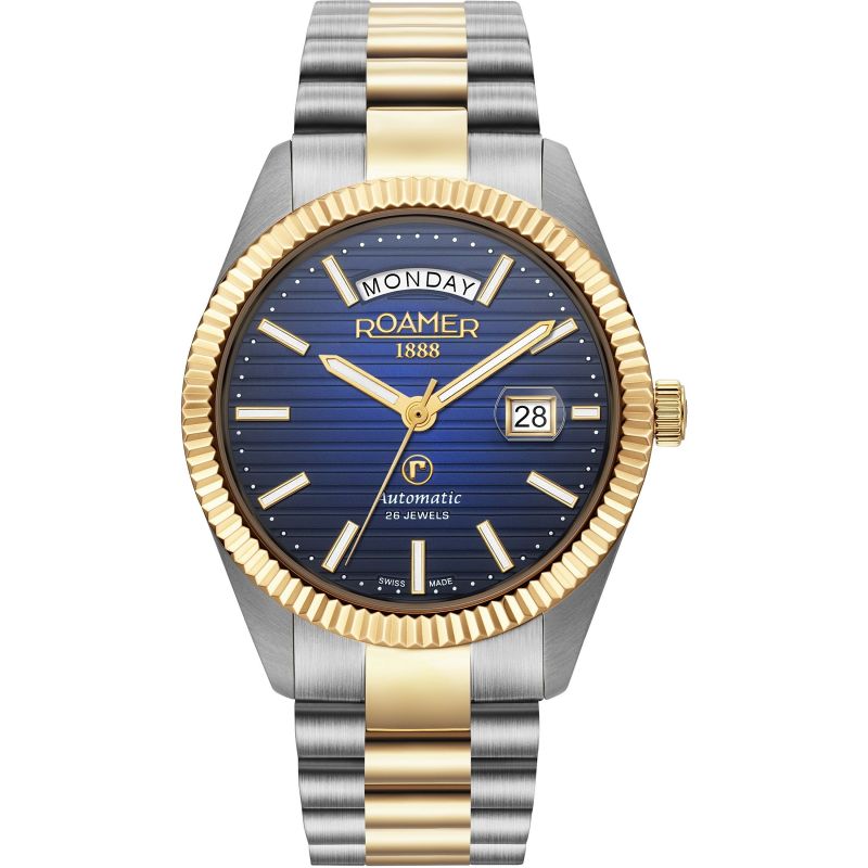 Roamer 981666 47 45 50 Mens Roamer Primeline Daydate II Blue Pattern Dial Yellow Gold Bicolour Automatic Watch - Zamana.pk Main image