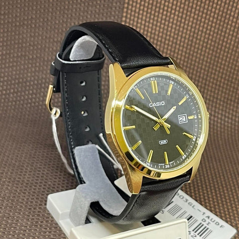 Casio MTP-VD03GL-1AUDF Men's Standard Gold Tone Stanless Steel Black Dial 3-Hand Analog Watch