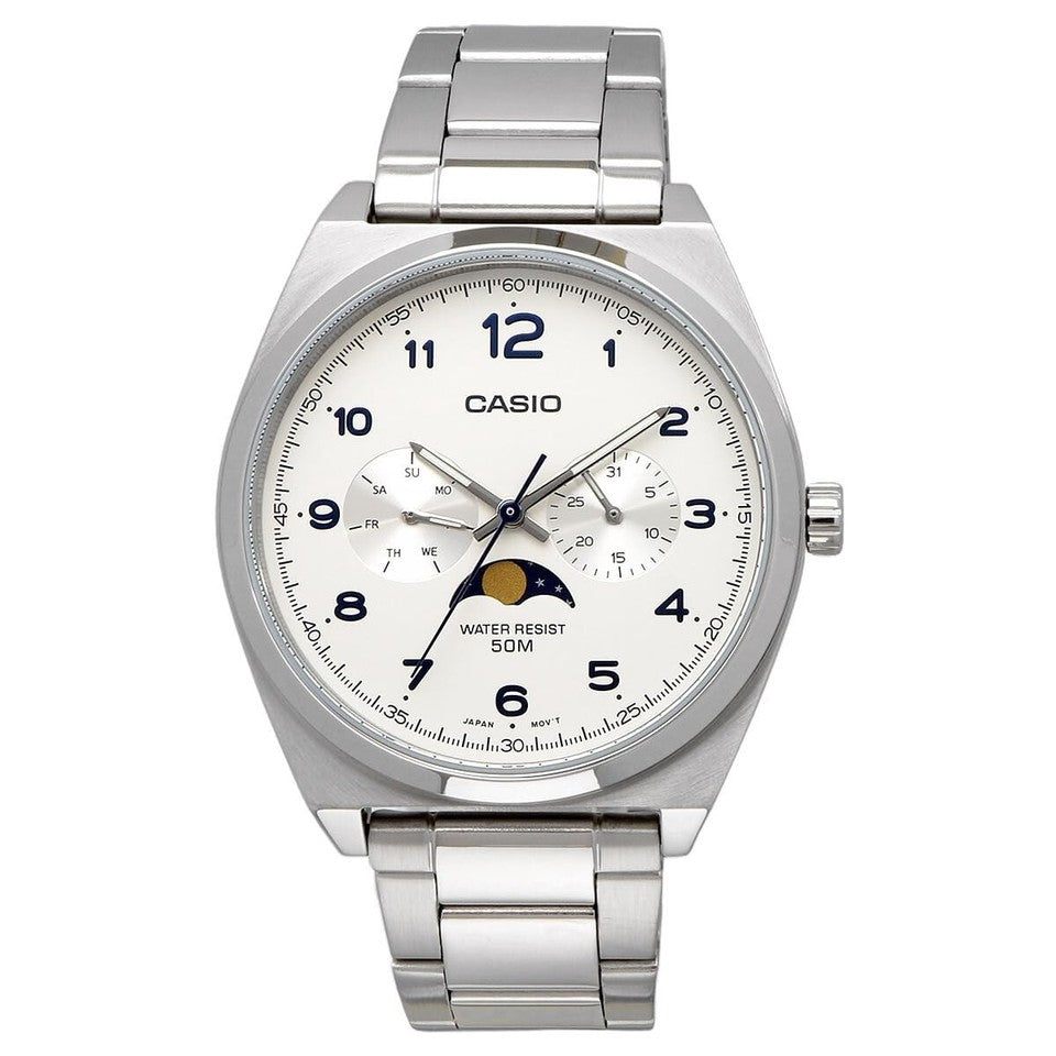 Casio MTP-M300D-7A men’s stainless steel silver dial watch front view