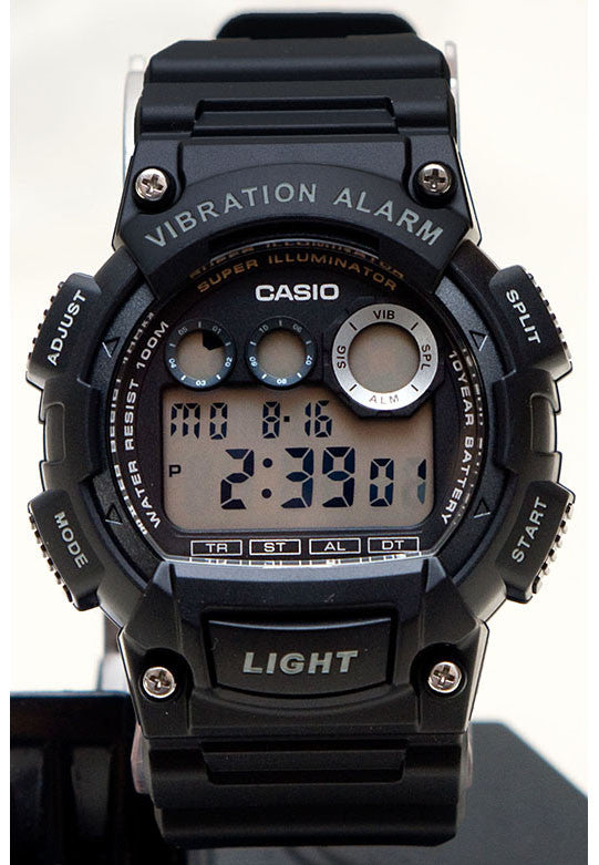 Black Casio digital watch with vibration alarm feature on a white background Main image