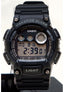 Black Casio digital watch with vibration alarm feature on a white background