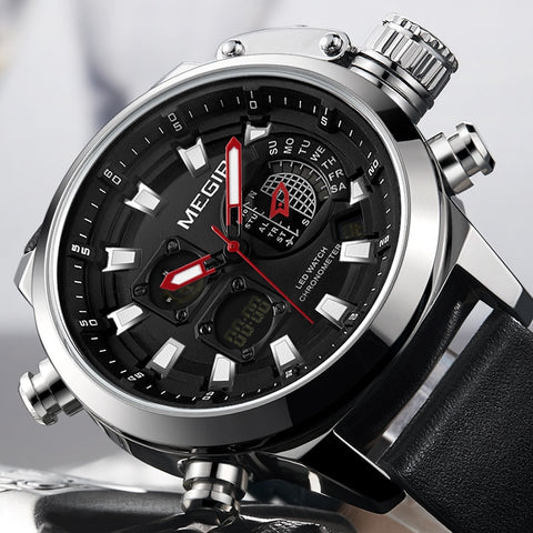 MEGIR 2090 Men's Sport Quartz Watches Leather Strap Chronograph Luminous Army Wristwatch (Black)