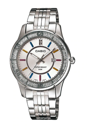Casio LTP-1358D-7A Women's Lamé-Sprinkled Bezel Metal Fashion Silver Dial Watch