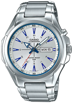 Casio MTP-E200D-7A2V Men's Stainless Steel Illuminator Day Date Silver Dial Watch