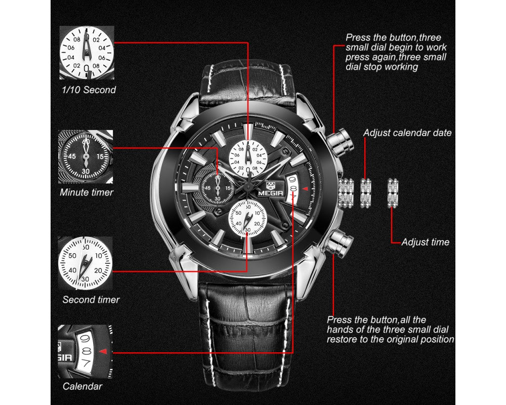 MEGIR 2020G Mens Military Wrist Watch Chronograph Multifunction 3ATM Waterproof Quartz (Black)