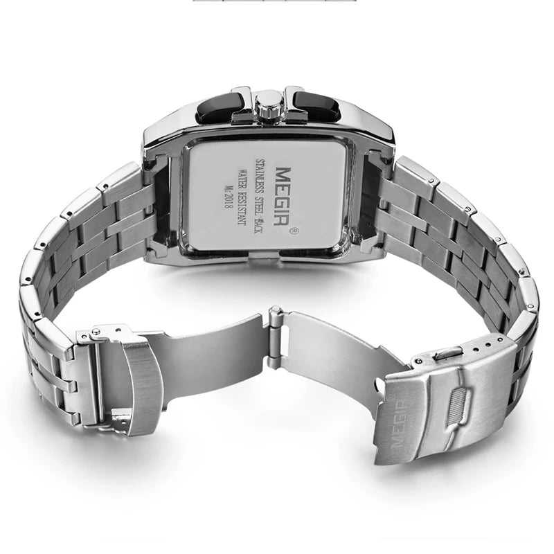 MEGIR 2018 Men's Chronograph Analog Quartz Watch, Stainless Steel, Waterproof Wristwatch