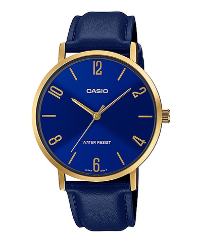 Casio MTP-VT01GL-2B2UDF Men's Gold Tone Blue Leather Band Blue Dial 3-Hand Analog Watch