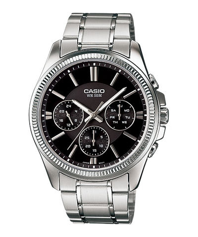 Casio MTP-1375D-1AVDF Men's Metal Band Fluted Bezel Multifunction Black Dial Watch