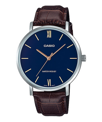 Casio MTP-VT01L-2BUDF Men's Minimalistic Blue Dial Brown Leather Band Analog Watch