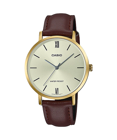 Casio LTP-VT01GL-9B Women's  Leather Band Gold Dial 3-Hand Analog Watch