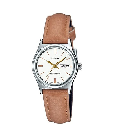 Casio LTP-V006L-7B2 Women's Brown Leather Band White Dial Day Date Analog Dress Watch