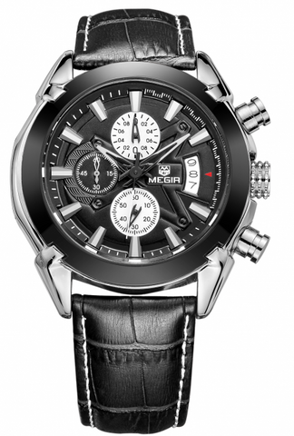 MEGIR 2020G Mens Military Wrist Watch Chronograph Multifunction 3ATM Waterproof Quartz (Black)