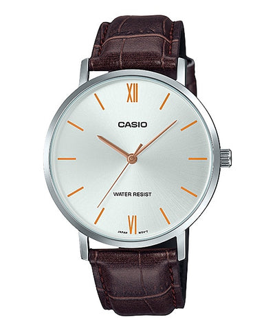 Casio MTP-VT01L-7B2UDF Men's Minimalistic Silver Dial Brown Leather Band Analog Watch