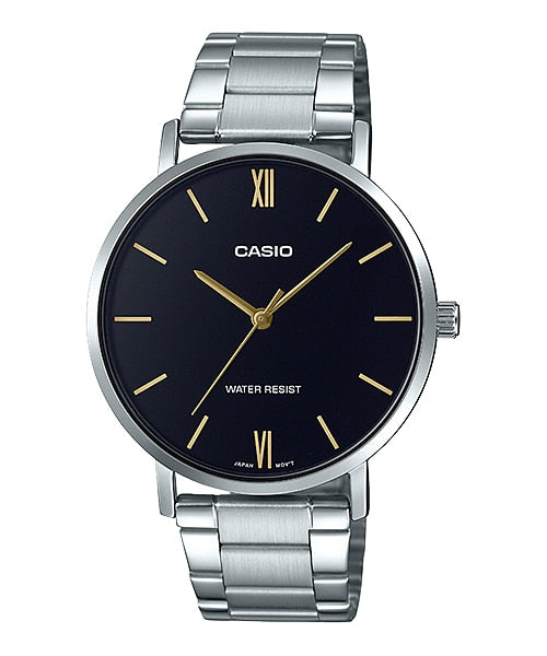 Casio MTP-VT01D-1BUDF Men's Stainless Steel Minimalistic Black Dial 3-Hand Analog Watch