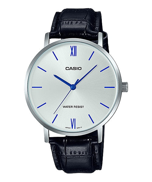 Casio MTP-VT01L-7B1 Men's Minimalistic Silver Dial Black Leather Band Analog Watch
